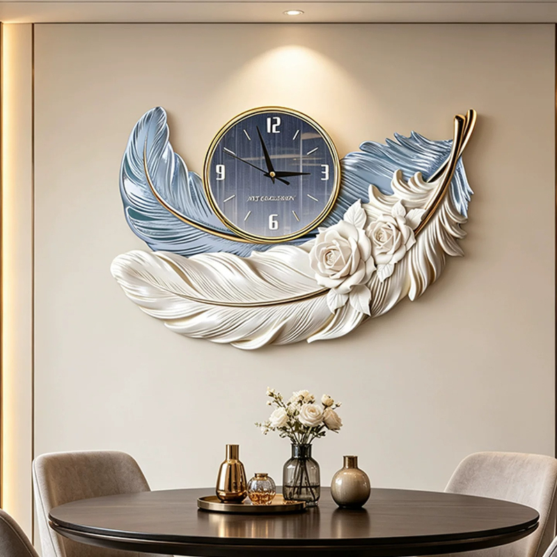 Luxury Watch Wall Clock - 高級フェザーデザイン壁掛け時計、豪華なリビングルーム背景壁用静音時計、レストラン寝室時計、部屋の装飾ギフト