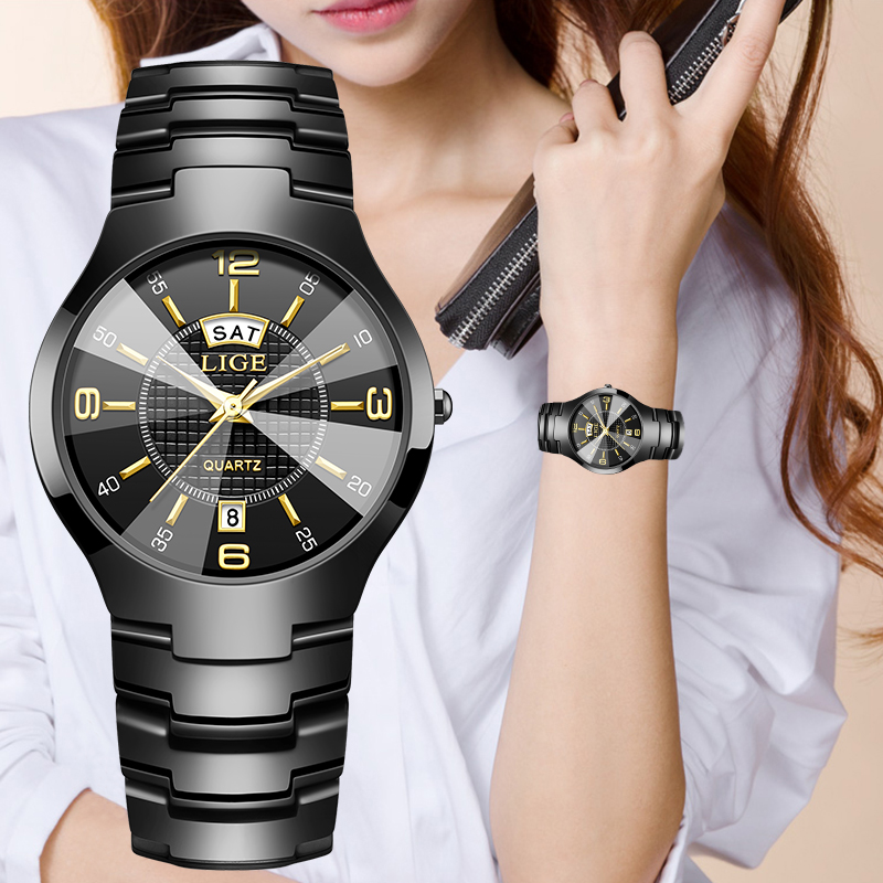 Luxury Watch For Women - LIGE ファッションエレガントな女性の腕時計高級セラミックストラップ自動日付週防水小さなダイヤルクォーツ時計女性のためのギフト