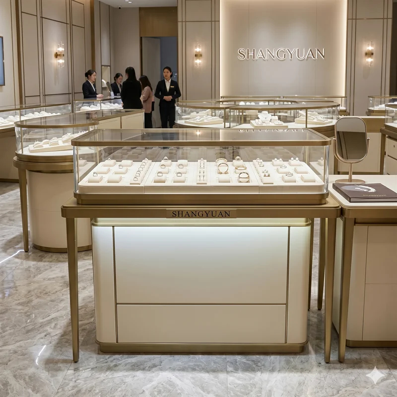 Luxury Watch Boutique - カスタム高級ブラッシュドゴールド腕時計ショーケース、プレミアムメタルガラス製高級時計カウンター、高級小売ブティック