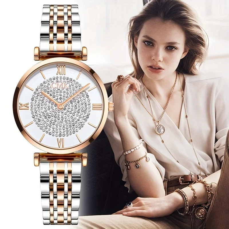 Quiet Luxury Watch - ローマ数字のクォーツ時計,ラインストーンの装飾が施されたラウンドポインター,ステンレススチールバンド,豪華なヴィンテージ