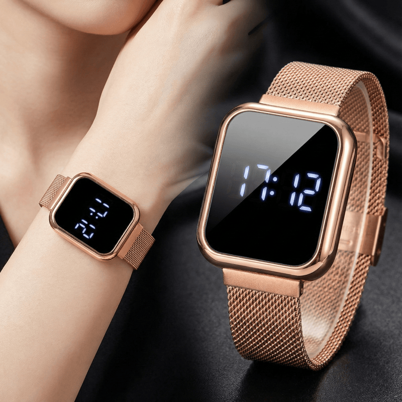 Luxury Watch Wallpaper - ファッション長方形デジタル腕時計女性男性用シンプルな LED 腕時計高級金属磁気メッシュバンド電子腕時計時計